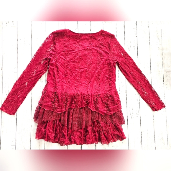 Indigo Soul Burgundy Wine Lace Sequin Flowy Tiered Layered Ruffle Longsleeve Top - Picture 12 of 14